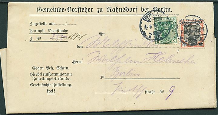 5 pfg. og 30 pfg. Germania på portopligtig tjenesteforsendelse med modtagelsesbevis sendt lokalt i Berlin d. 11.4.1914.