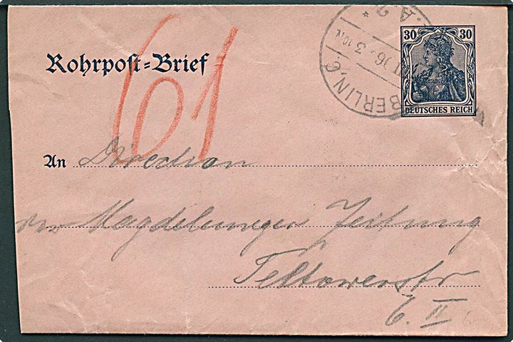 30 pfg. Germania rørpost helsagskuvert sendt lokalt i Berlin d. 19.3.1906.