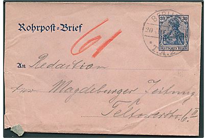 30 pfg. Germania rørpost helsagskuvert sendt lokalt i Berlin d. 20.11.1905.