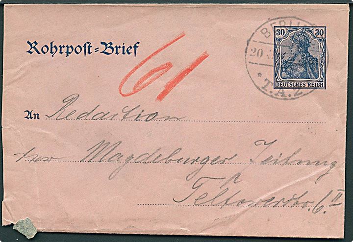 30 pfg. Germania rørpost helsagskuvert sendt lokalt i Berlin d. 20.11.1905.