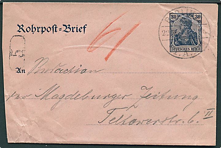 30 pfg. Germania rørpost helsagskuvert sendt lokalt i Berlin d. 22.3.1906.