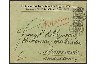 60 Pfg. Germaina i par på 1.20 Mk. frankeret brev fra Eckernförde d. 25.7.1921 til Åbenrå, Danmark.