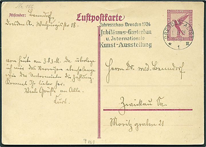 15 pfg. luftppost helsagsbrevkort sendt som indenrigs luftpost fra Dresden d. 1.6.1926 til Zwickau.