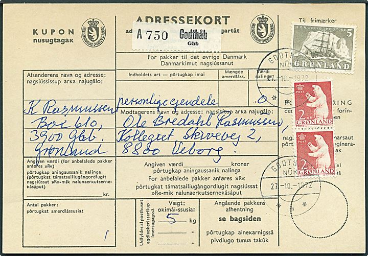 2 kr. Isbjørn i parstykke og 5 kr. Ishavsskib på adressekort for pakke fra Godthåb d. 27.10.1972 til Viborg.