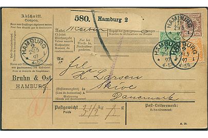 5 pfg., 25 pfg. og 50 pfg. på adressekort for pakke stemplet Hamburg d. 29.5.1897 via Kolding til Skive, Danmark.