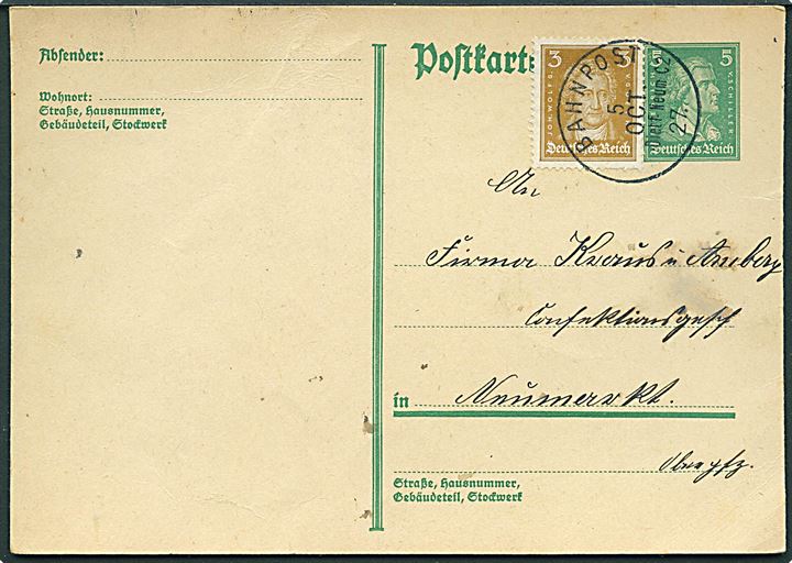 5 pfg. Schiller helsagsbrevkort opfrankeret med 3 pfg. Goethe annulleret med bureaustempel Bahnpost Dietf.-Neum. C2 d. 5.10.1927 til Neumarkt.