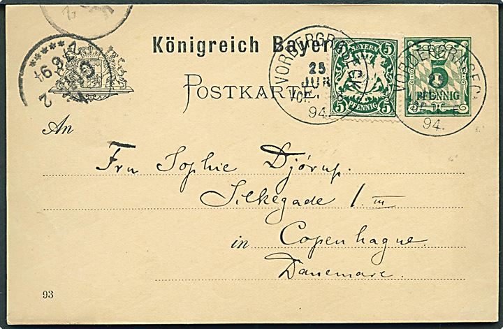 5 pfg. helsagsbrevkort opfrankeret med 5 pfg. Våben fra Vordergraseck d. 25.6.1894 til København, Danmark.