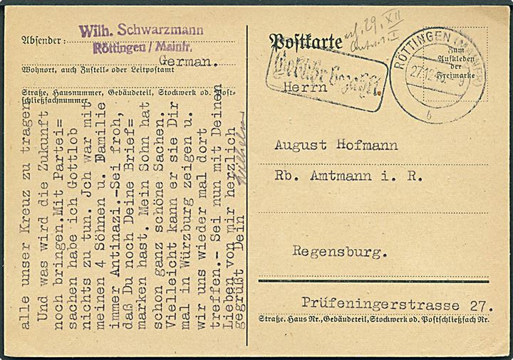 Barfrankeret brevkort med rammestempel Gebühr bezahlt fra Röttingen d. 27.12.1945 til Regensburg.