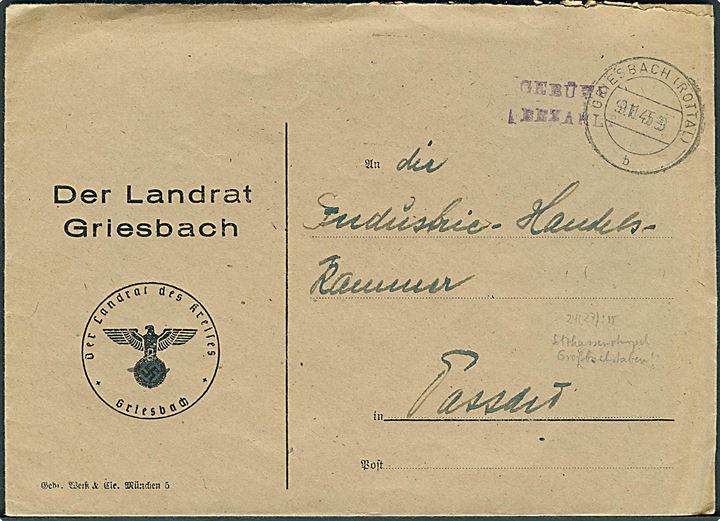 Barfrankeret tjenestebrev med stempel Gebühr bezahlt fra Griesbach d. 9.11.1945 til Passau.