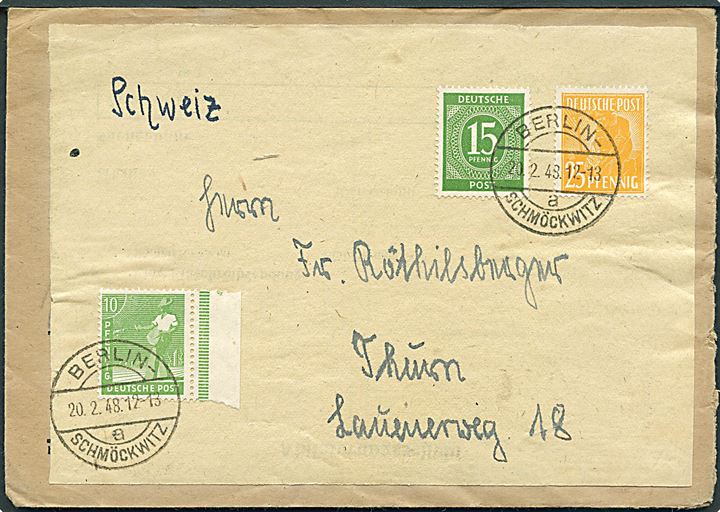 10 pfg., 15 pfg. og 25 pfg. på brev fra Berlin Schmöckwitz d. 20.2.1948 til Thurn.