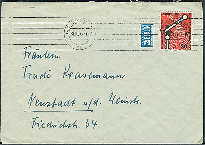 20 pfg. Jernbanekonference og 2 pfg. Berlin Notopfer på brev fra Bremen d. 28.10.1955 til Neustadt.