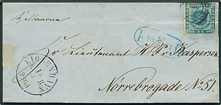 2 sk. 1855 udg. på fodpostbrev annulleret med nr.stempel 1 og sidestemplet Kiøbenhavn K.B. d. 16.3.1864 og ovalt fodpoststempel F:P: d. 17.3.1864 til Lieutnant H. P. Kaspersen, Nørrebrogade No. 51.