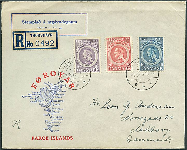 Komplet sæt Chr. X 75 år på anbefalet brev fra Thorshavn d. 1.10.1945 til Aalborg, Danmark. Britisk fremstillet rec.-etiket.
