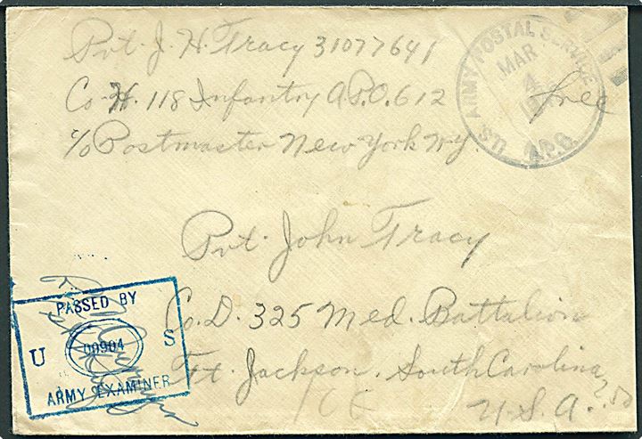 Ufrankeret amerikansk feltpostbrev stemplet U.S.Army Postal Service A.P.O. d. 4.3.1943 til soldat ved 325 Med. Bat. i Ft. Jackson, USA. Fra Co. H. 118 Infantry APO 612 = Akureyri, Island. Blå unit censor no. 00904.
