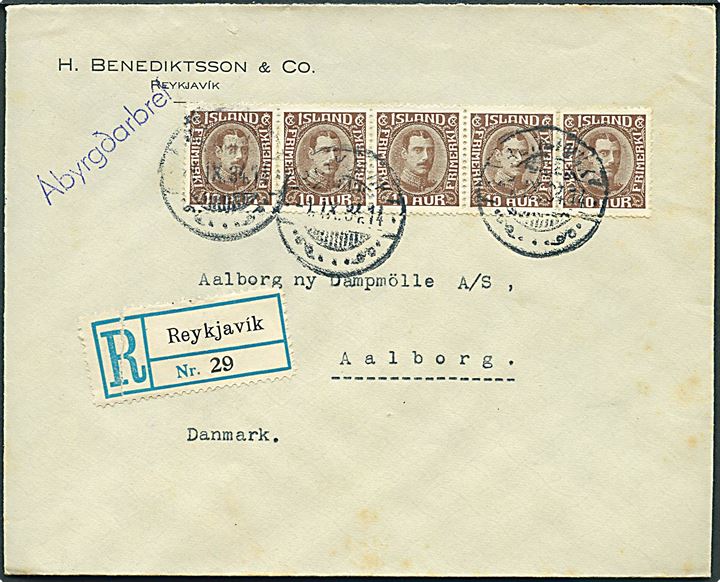10 aur Chr. X i vandret 5-stribe på anbefalet brev fra Reykjavik d. 1.9.1934 til Aalborg, Danmark.