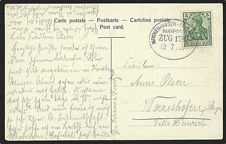 5 pfg. på brevkort annulleret med bureaustempel Mimmenhausen-Frickingen Zug 1785 d. 12.7.1901.