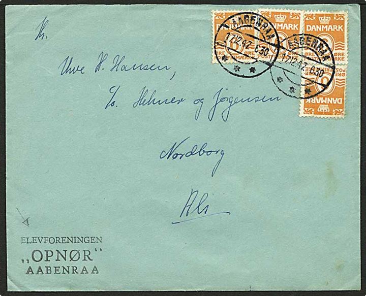 6 øre Bølgelinie (6) på brev fra Aabenraa d. 17.12.1947 til Nordborg. Afsender-stempel: Elevforeningen OPNØR Aabenraa,