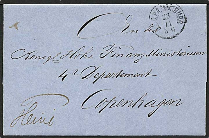 Ufrankeret tjenestebrev stemplet K.D.O.P.A.Hamburg d. 23.11.1863 til København. Ank.stempel på bagsiden.