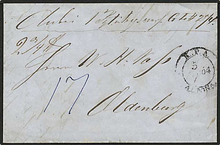 1854. Adressebrev for pakke stemplet K.P.A. Altona 5.7.1854 til Oldenburg