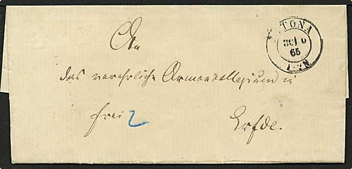 1865. Ufrankeret brev fra Altona d. 30.10.1865 via Friedrichstadt og Lunden til Eckernförde. Transit stempler på bagsiden.