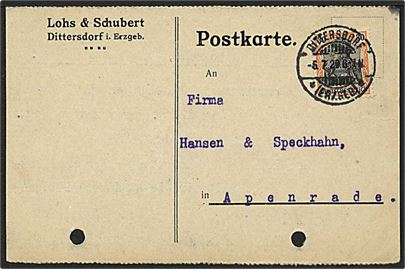 30 pfg. Germania single på indenrigsfrankeret brevkort fra Dittersdorf d. 5.7.1920 til Aabenraa i Nordslesvig i afstemningsperioden. Arkivhuller.