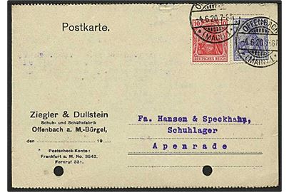 10 pfg. og 20 pfg. Germania på indenrigsfrankeret brevkort fra Offenbach d. 4.6.1920 til Aabenraa i Nordslesvig i afstemningsperioden. Arkivhuller.