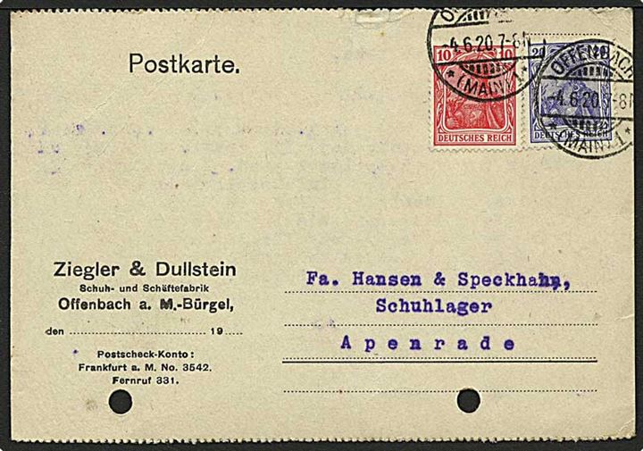 10 pfg. og 20 pfg. Germania på indenrigsfrankeret brevkort fra Offenbach d. 4.6.1920 til Aabenraa i Nordslesvig i afstemningsperioden. Arkivhuller.