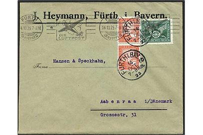5 pfg. München Udstilling og 10 pfg. Rheinland i par på brev fra Fürth d. 14.10.1925 til Aabenraa, Danmark. God frankering.