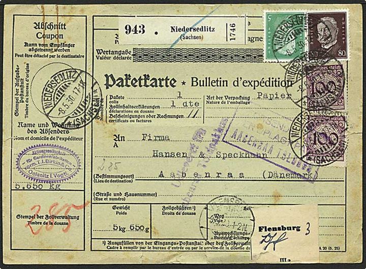 5 pfg., 80 pfg. Hindenburg og 100 pfg. (2) Rente-pfg.-udg. på 2,85 mk. frankeret adressekort for pakke fra Niedersedlitz d. 8.5.1930 til Aabenraa, Danmark.