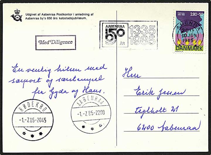 2,80+0,50 Kr. Befrielsen 40 år på brevkort stemplet Åbenrå d. 10.6.1985. Rammestempel: Med Diligence 