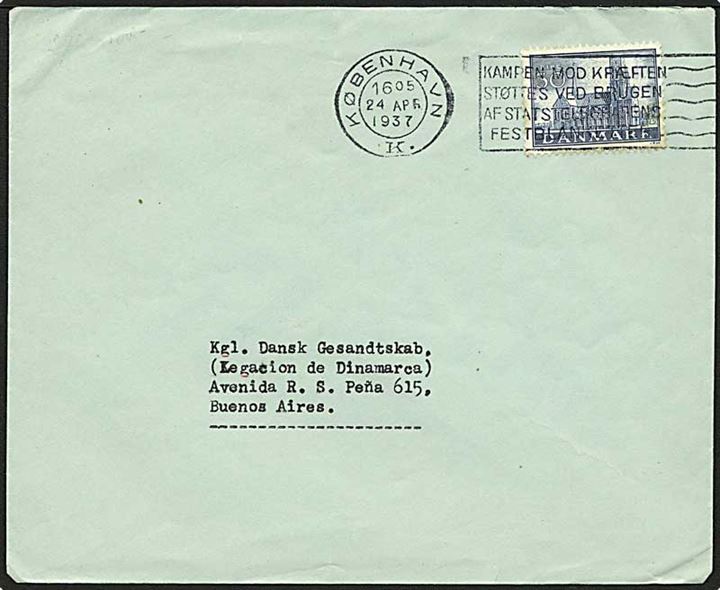 30 øre Reformation single på brev fra København d. 24.4.1937 til Buenos Aires, Argentina.