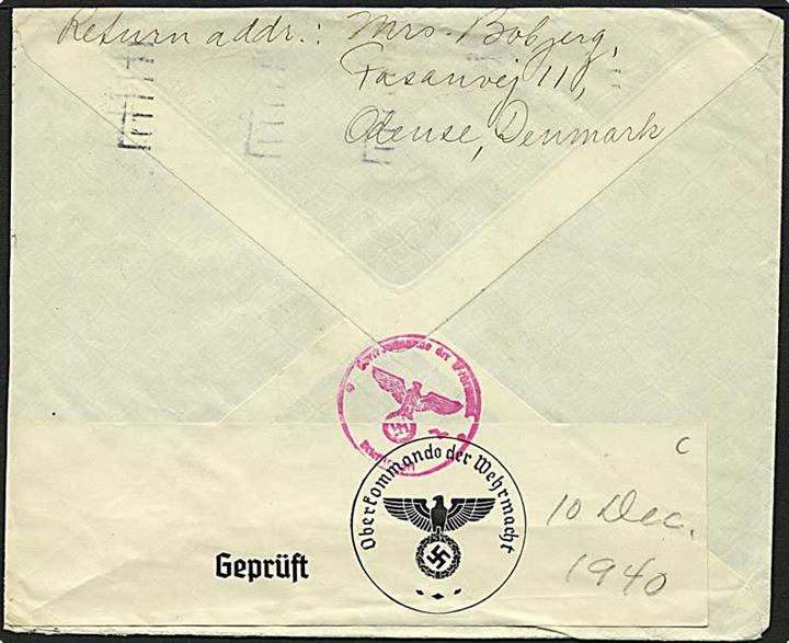 10 øre Bølgelinie og 10+5 øre i fireblok på brev fra Odense d. 22.10.1940 til Brooklyn, USA. Åbnet af tysk censur i Berlin. 1 mærke defekt.