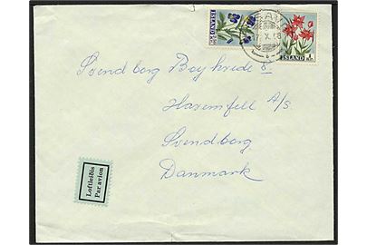 1 kr. og 2,50 kr. blomster på luftpostbrev fra Husavik d. 17.10.1958 til Svendborg, Danmark.