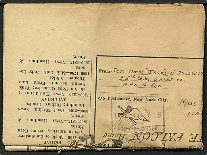 Amerikansk 1 cent på komplet soldater-avis The White Falcon stemplet U.S.ARMY POSTAL SERVICE APO 860 (Reykjavik) d. 4.1.1944 til USA. Skrøbelig avis. Sort unit censor # 00635