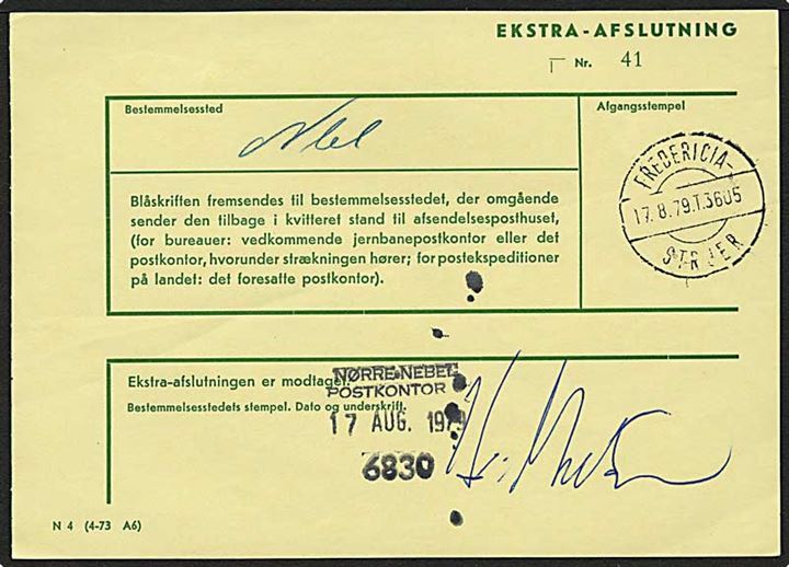 Ekstra Afslutning formular N 4 (4-73 A6) med bureaustempel Fredericia-Struer T.3605 d., 17.8.1979 til Nørre Nebel.