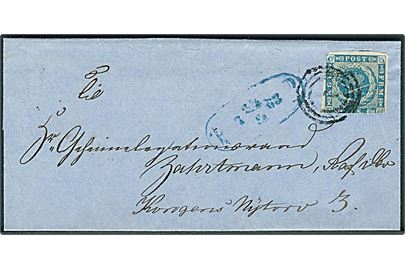 2 sk. 1855 udg. tæt klippet på fodpostbrev i København annulleret med nr.stempel 1 og sidestemplet F:P: d. 22.2.1863