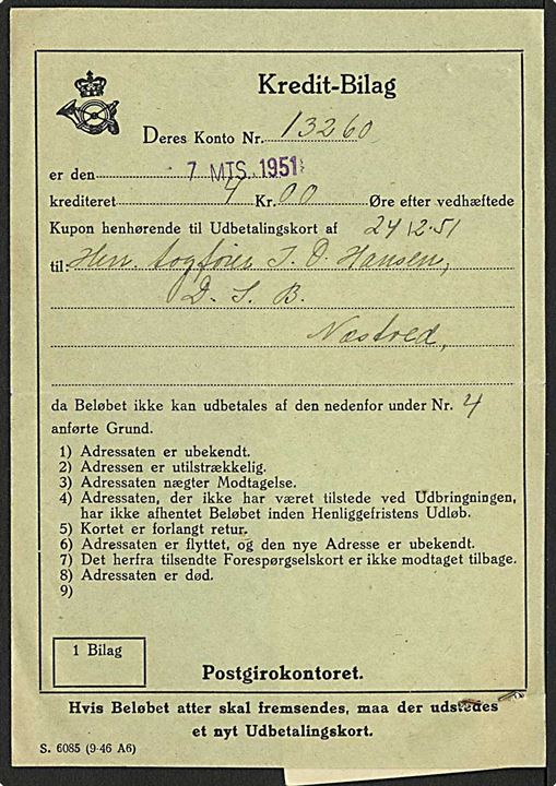 Kredit-Bilag - S.6085 (6-46 A6) dateret 7.3.1951 med vedhæftet talon fra indbetalingskort stemplet Postgirokontoret København 24.2.1951.