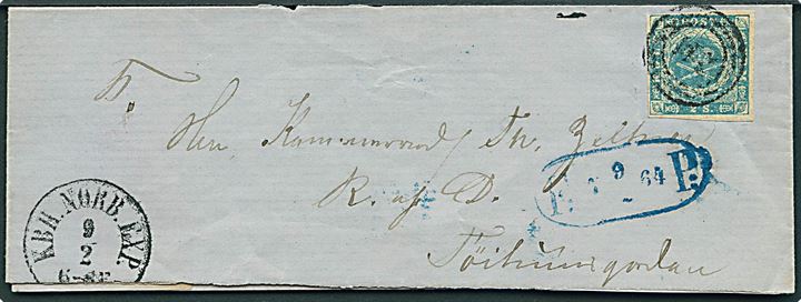 2 sk. 1855 udg. på fodpostbrev i København annulleret med nr.stempel 211 og sidestemplet antiqua KBH. NØRB. EXP. d. 9.2.1864 og F:P: d. 9.2.1864 til Tøjhusgaarden.