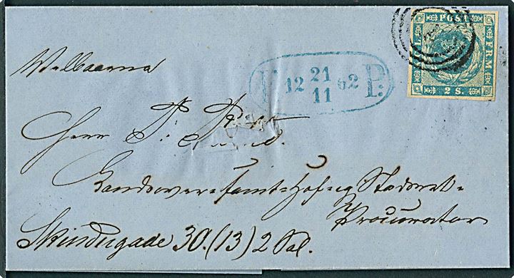 2 sk. 1855 udg. på fodpostbrev i København annulleret med nr.stempel 1 og sidestemplet F:P: d. 21.11.1862 til Skindergade. Skramme på forsiden.