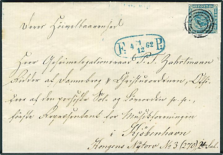 2 sk. 1855 udg. på fodpostbrev i København annulleret med nr.stempel 1 og sidestemplet F:P: d. 1.12.1862 til Geheimelegationsraad P.T. Zahrtmann på Kongens Nytorv. Dekorativ kuvert.