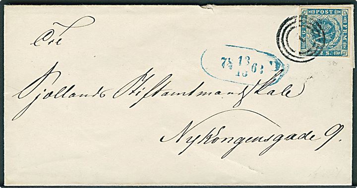2 sk. 1855 udg. på fodpostbrev i København annulleret med nr.stempel 1 og sidestemplet F:P: d. 13.10.1863 til Ny Kongensgade.