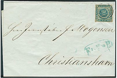 2 sk. 1855 udg. på fodpostbrev i København annulleret med nr.stempel 1 og sidestemplet F.P: d. 10.6.1858 til Christianshavn.