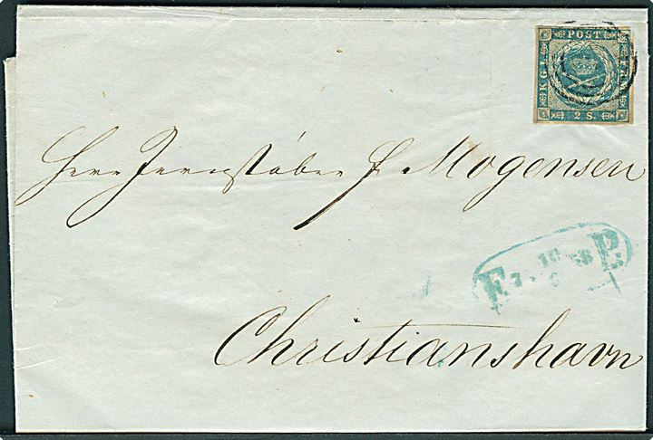 2 sk. 1855 udg. på fodpostbrev i København annulleret med nr.stempel 1 og sidestemplet F.P: d. 10.6.1858 til Christianshavn.