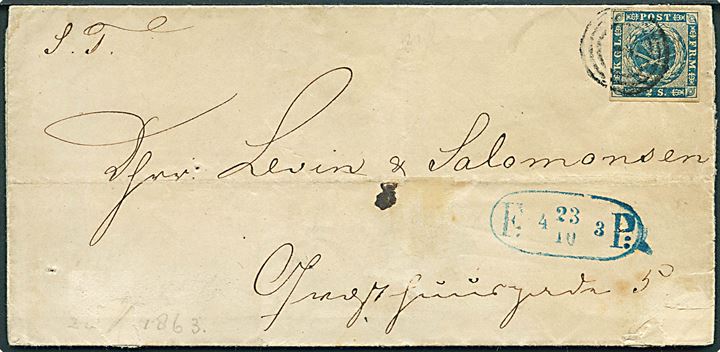 2 sk. 1855 udg. på fodpostbrev i København annulleret med nr.stempel 1 og sidestemplet F.P: d. 23.10.1863. Delvis manglende årstal i stempel.