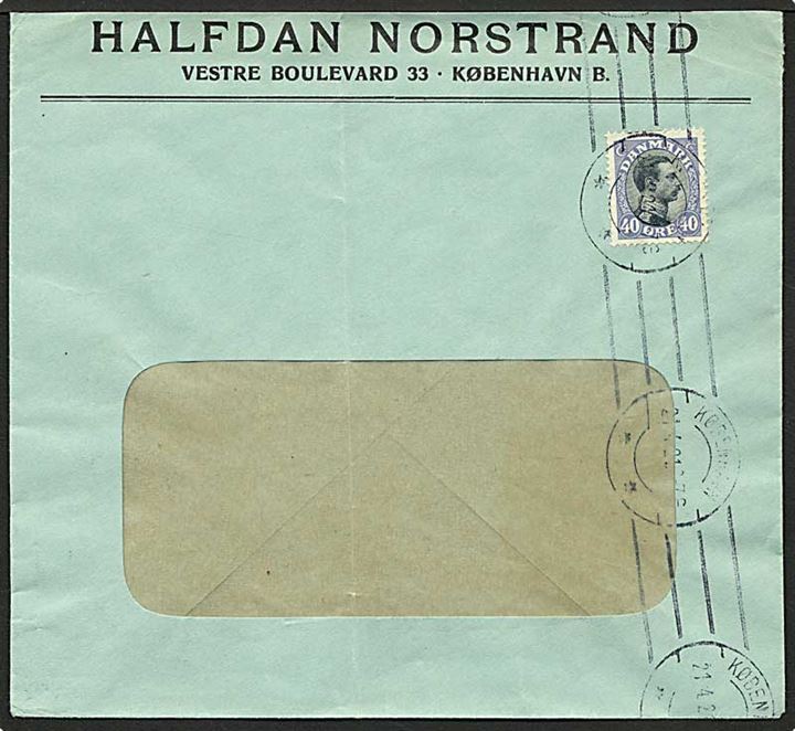 40 øre Chr. X single på rudekuvert stemplet København d. 21.4.1921