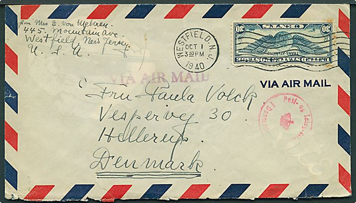 30 cents Winged Globe på luftpostbrev fra Westfield d. 1.10.1940 til Hellerup, Danmark. Passér stemplet ved censuren i København.