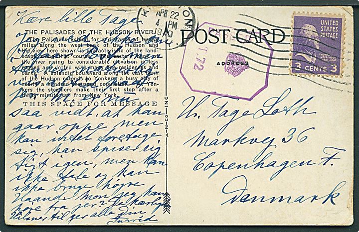 3 cents Jefferson på brevkort fra Kingston, N.Y. d. 22.4.1940 til København, Danmark. Passér stemplet med udslebet britisk censurstempel: Passed T.72.