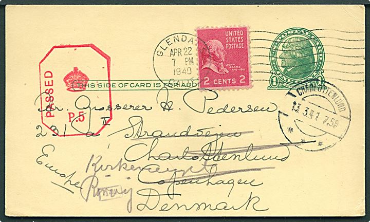 1 cent helsagsbrevkort med 2 cents Adams fra Glendale d. 22.4.1940 til Charlottenlund, Danmark - eftersendt fra Charlottenlund d. 13.3.1941 til Rørvig. Rødt britisk censurstempel Passed P.5. Lang befordringstid.