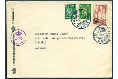 50 pen., 1 mk. Løve og 3,50 mk+75 pen. Røde Kors på brev fra Viiala d. 30.8.1945 til Køge, Danmark. Åbnet af dansk efterkrigscensur (krone)/499/Danmark.