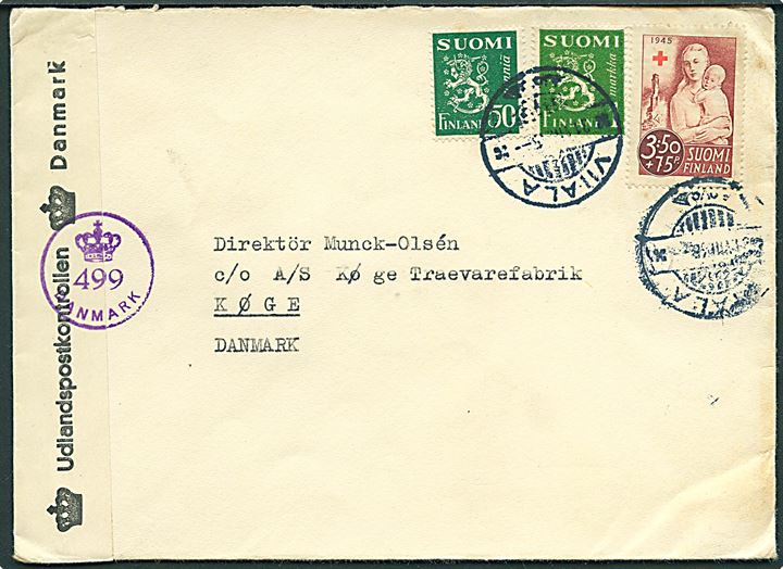 50 pen., 1 mk. Løve og 3,50 mk+75 pen. Røde Kors på brev fra Viiala d. 30.8.1945 til Køge, Danmark. Åbnet af dansk efterkrigscensur (krone)/499/Danmark.